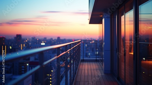 Twilight panorama from a contemporary balcony with sleek metal railings over cityscape