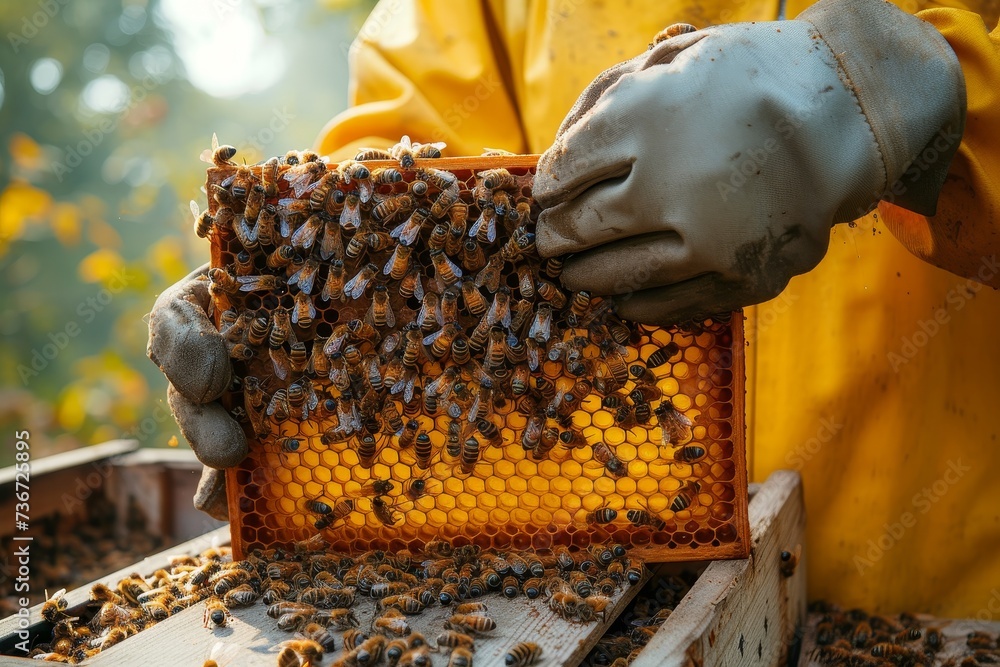 A beekeeper works with honeybees on a honeycomb frame in a hive during harvesting A beekeeper works with honeybees on a honeycomb frame in a hive during harvesting