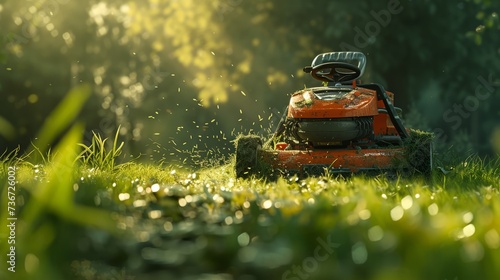 Early morning lawn care with a lawnmower cutting through fresh green grass.