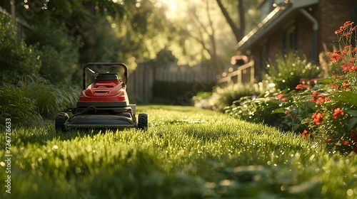 Toy lawnmower on grassy field capturing the essence of gardening photo