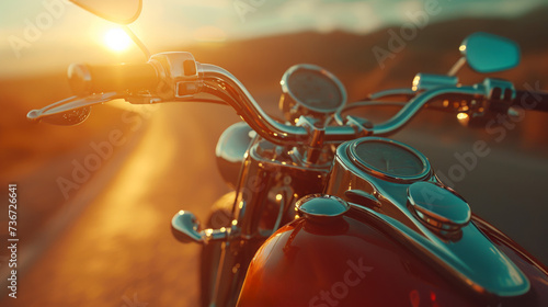 Golden hour ride capturing the essence of freedom on a motorcycle © maniacvector