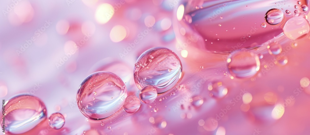 A macro shot of water drops on a pink surface, showcasing the natural beauty of liquid in shades of violet and magenta