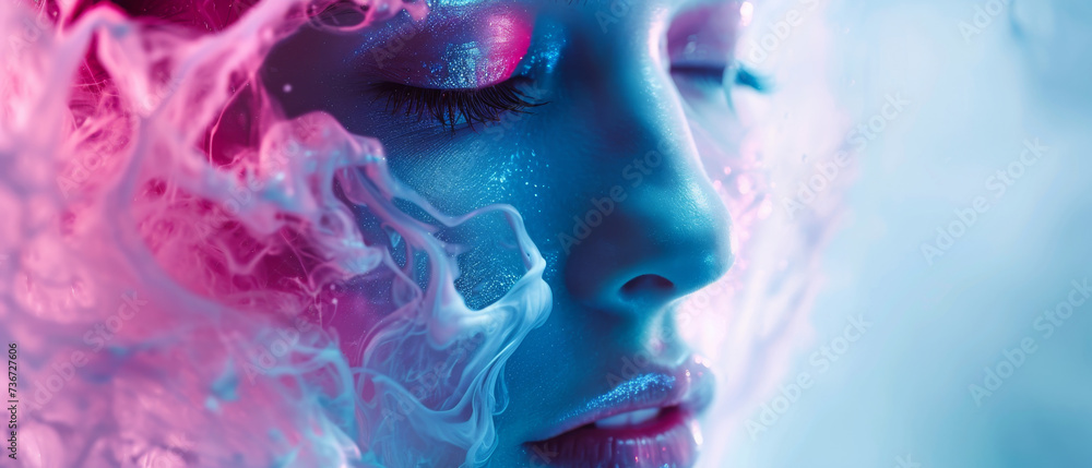 Mesmerizing hues of pink and violet adorn her human face, accentuating her delicate features and fluttering eyelashes in a stunning display of artistic expression - obrazy, fototapety, plakaty 