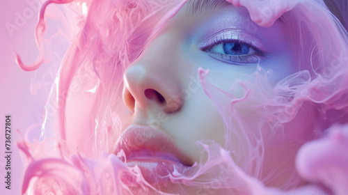 A stunning human face adorned with doll-like features, accentuated by pink and magenta hues, creating a captivating and ethereal image © Daniel