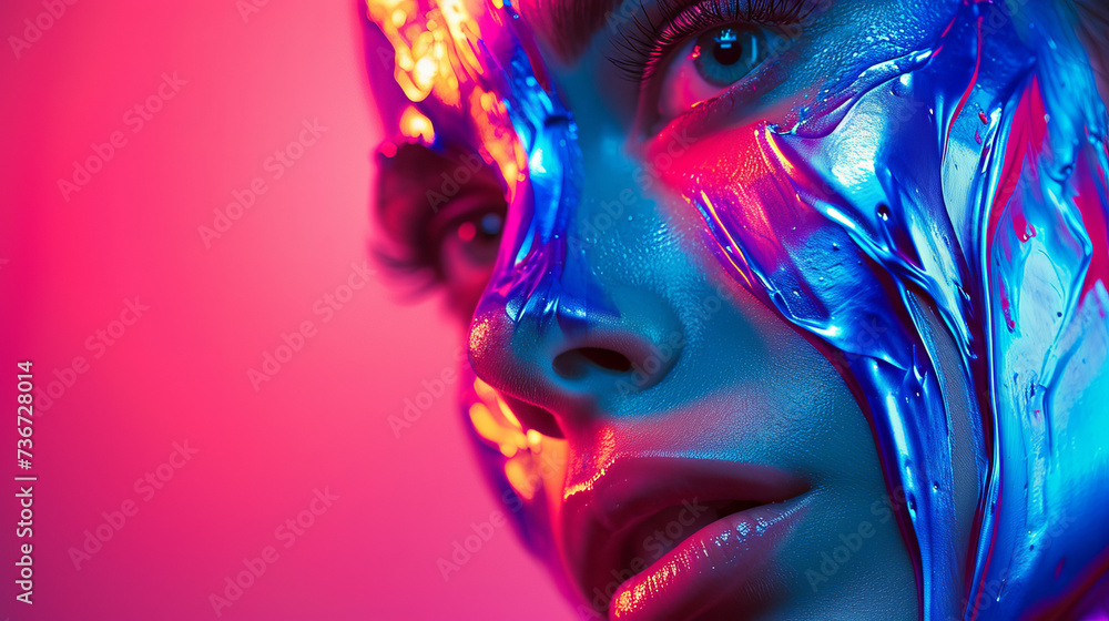 A mesmerizing portrait of a woman adorned in vibrant magenta and violet, her face cloaked in foil, evoking a sense of mystery and artistic expression - obrazy, fototapety, plakaty 