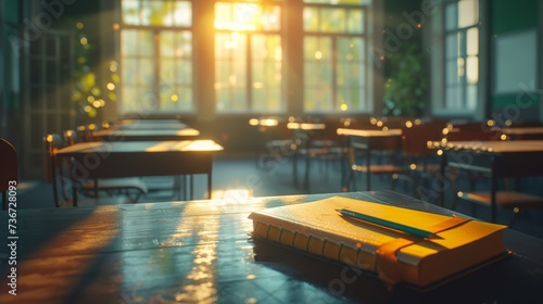 Golden sunlight streaming into an empty classroom with desks and notebooks