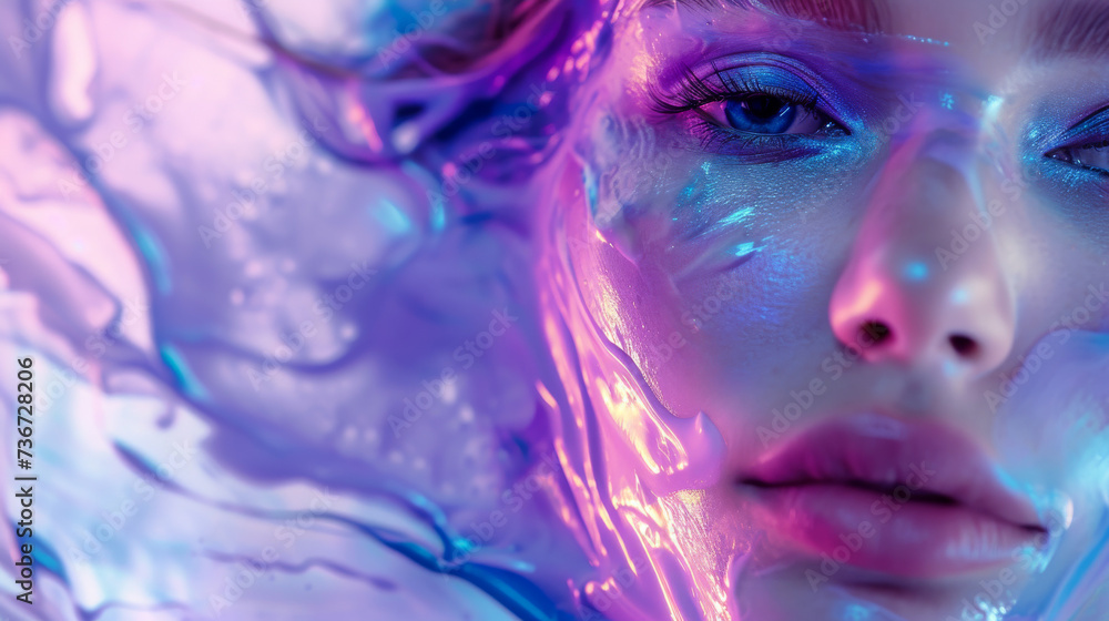 A vibrant and alluring woman with bold purple and blue makeup accentuates her human face, drawing attention to her fluttering eyelashes and exuding a sense of mystery and elegance with the deep shade A vibrant and alluring woman with bold purple and blue makeup accentuates her human face, drawing attention to her fluttering eyelashes and exuding a sense of mystery and elegance with the deep shade