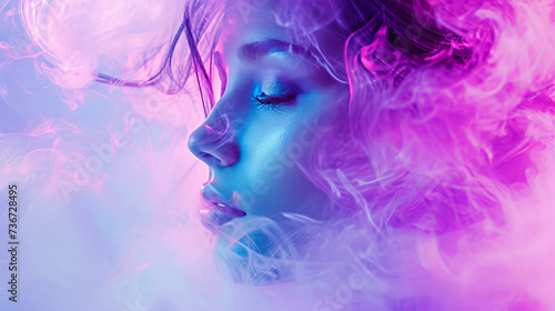 A hauntingly beautiful portrait of a girl with violet and magenta hues in her hair, intertwined with ethereal wisps of smoke, evoking a sense of mystery and artistry