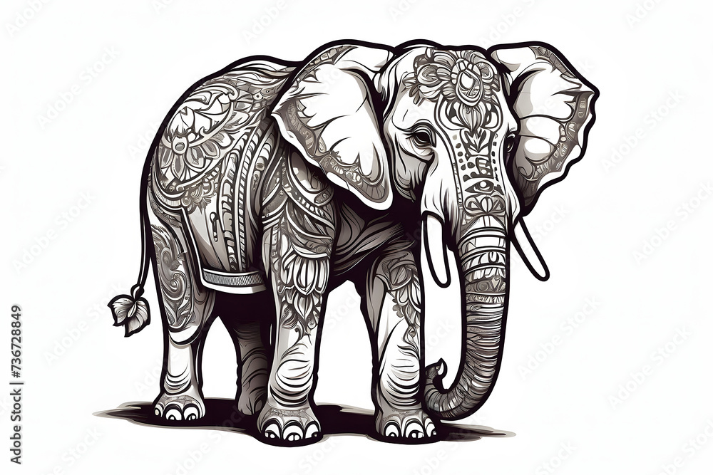 Fototapeta premium An illustration featuring a white elephant walking in nature, isolated and majestic, with a baby elephant following closely behind