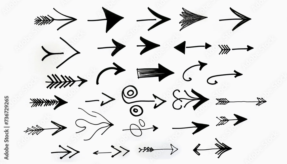 Arrow designs on a pure white background, each rendered in black ink - obrazy, fototapety, plakaty 