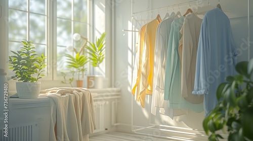Sunlit Laundry Room with Freshly Washed Towels Draped on a Wooden Drying Rack photo