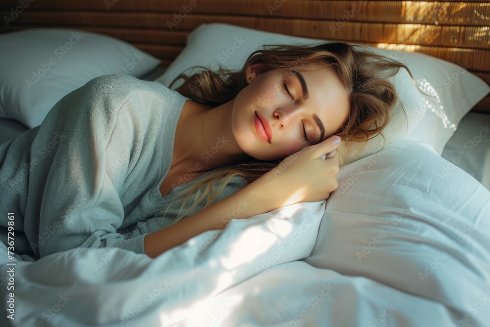 An image depicting an individual lying down in a crisp white bed, exuding a sense of calm and relaxation An image depicting an individual lying down in a crisp white bed, exuding a sense of calm and relaxation