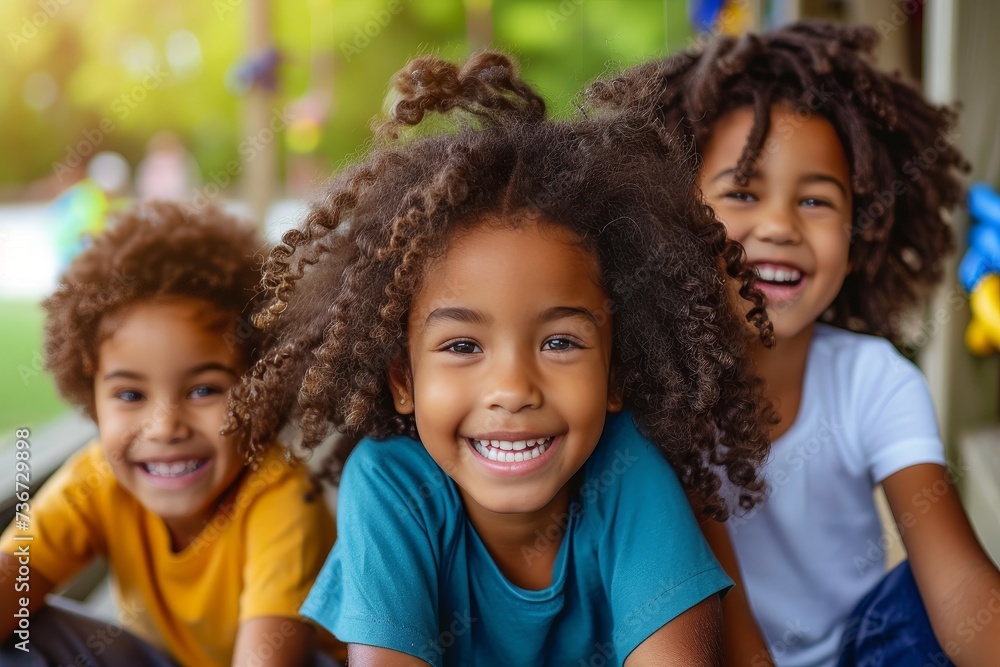 Fototapeta premium Group of three children posing with big smiles in an outdoor setting, radiating happiness