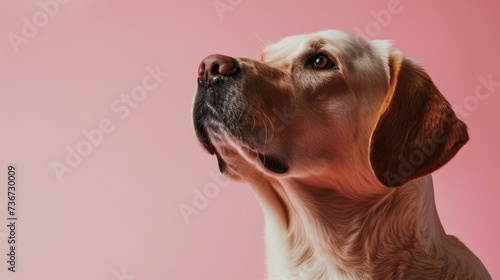 A dog is looking up at something on a pink background. Generative AI. photo