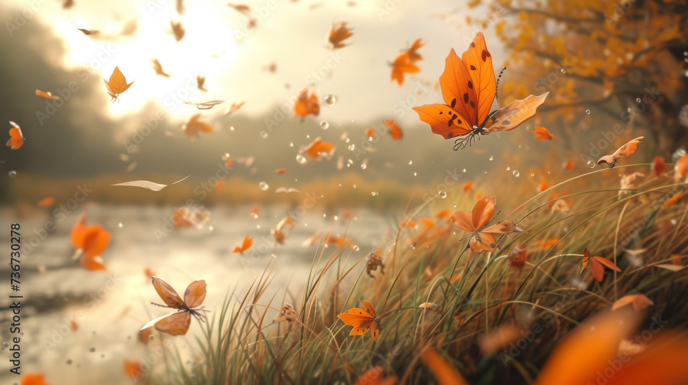 Whispers of delicate particles flutter and swirl evoking the tranquil movement of autumn leaves as they sway and twirl in a tranquil meadow.