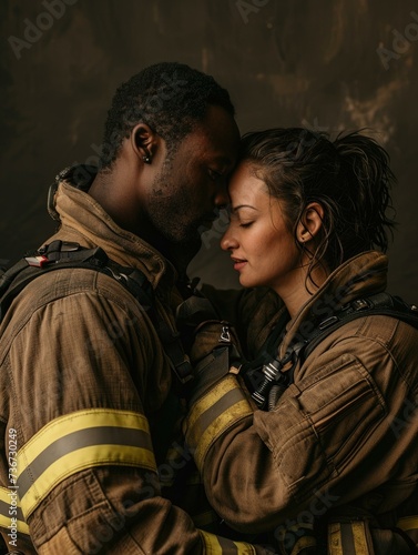 A man and woman in fireman gear hugging. Generative AI.