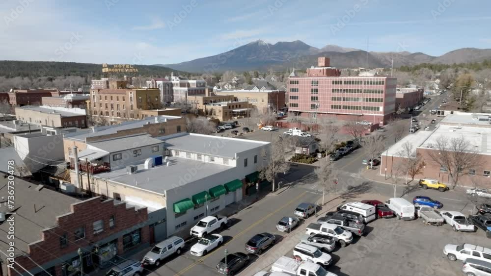 Flagstaff, Arizona downtown with drone video moving in a circle. Flagstaff, Arizona downtown with drone video moving in a circle.