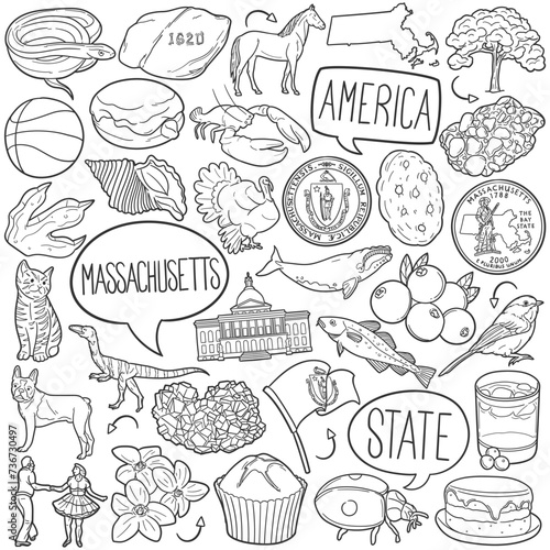 Massachusetts Doodle Icons Black and White Line Art. USA State Clipart Hand Drawn Symbol Design. photo