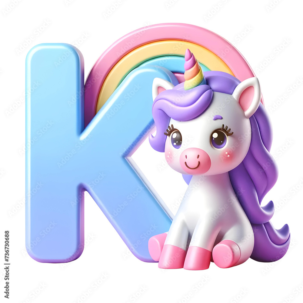 3d alphabet letter K with unicorn