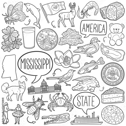 Mississippi Doodle Icons Black and White Line Art. State USA Clipart Hand Drawn Symbol Design.