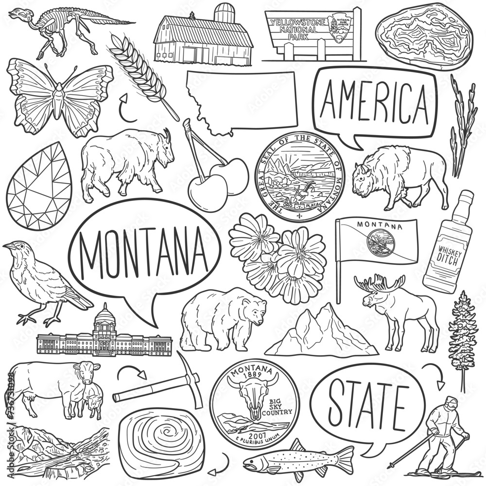 Montana Doodle Icons Black and White Line Art. Usa State Clipart Hand Drawn Symbol Design.