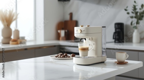 A freshly brewed cup of latte on a marble countertop from a sleek coffee machine