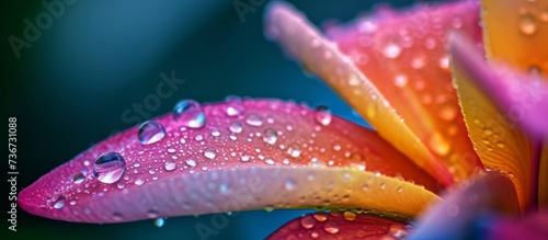 A closeup shot capturing the vibrant pink petals of a flower glistening with water drops, showcasing the beauty of natures moisture and dew on a terrestrial plant