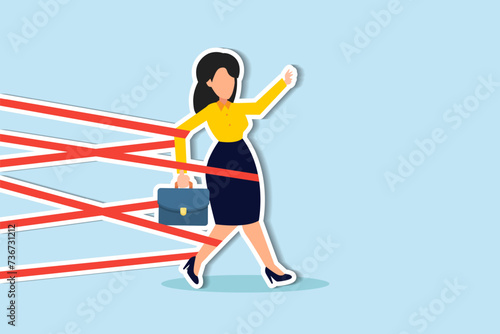 Breaking gender barriers women face career obstacles inequality discrimination, striving to overcome limitations concept, strong businesswoman try with full effort to break red tape to growing in work