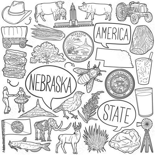 Nebraska Doodle Icons Black and White Line Art. USA State Clipart Hand Drawn Symbol Design.
