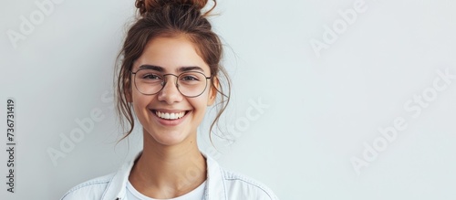 Smiling woman in casual attire on white background