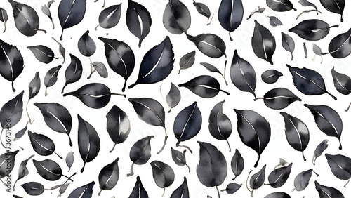 Watercolor black leaves on white background seamless pattern. generated by AI