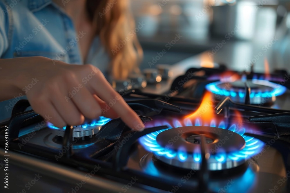 An individual's hand is shown adjusting a knob to turn on a gas stove, igniting the blue flames underneath the burner An individual's hand is shown adjusting a knob to turn on a gas stove, igniting the blue flames underneath the burner