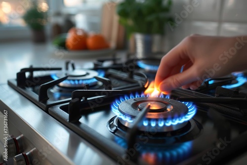 Close-up of a person's hand using a lighter to ignite a blue flame on a gas stove burner, preparing to cook a meal photo