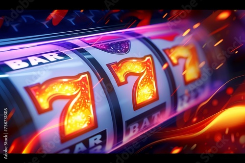 This image dramatizes the thrilling moment of a slot machine spin with dynamic motion blur capturing the number seven, suggesting a potential win