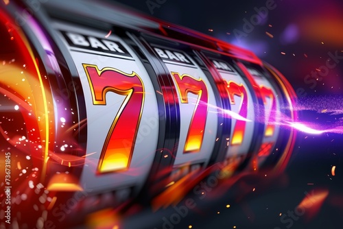 A dazzling array of lights and colors highlight the adrenaline-filled moment as a slot machine hits the lucky sevens jackpot