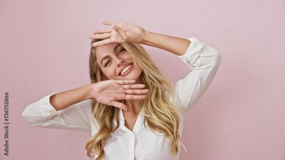 Cheerful young blonde woman playing peek a boo! standing in a pink, isolated background, showing a joyfully surprised face with her hands while wearing a shirt. Cheerful young blonde woman playing peek a boo! standing in a pink, isolated background, showing a joyfully surprised face with her hands while wearing a shirt.