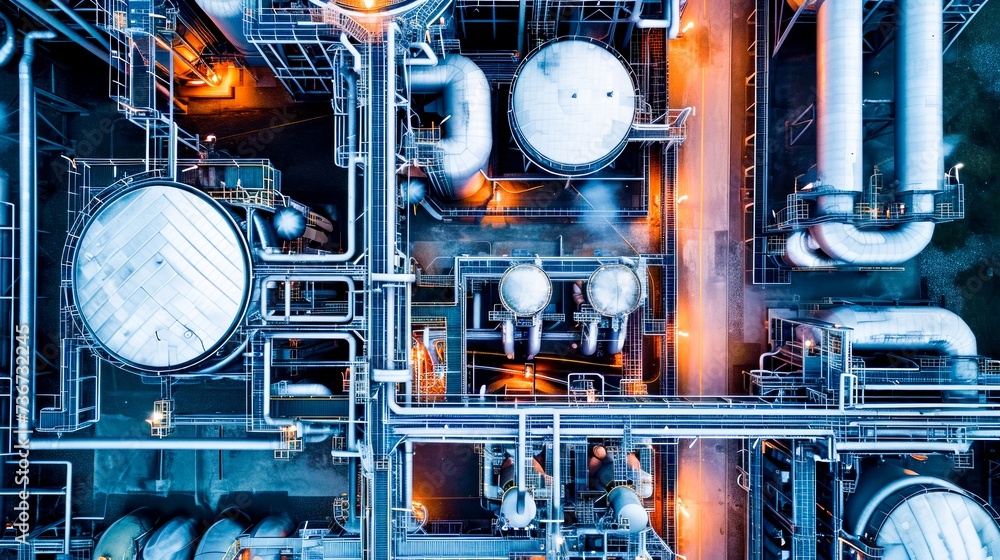 Top-down view of a complex industrial facility with pipes and tanks illuminated at night. Top-down view of a complex industrial facility with pipes and tanks illuminated at night.