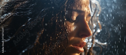 a woman with wet hair and eyes closed