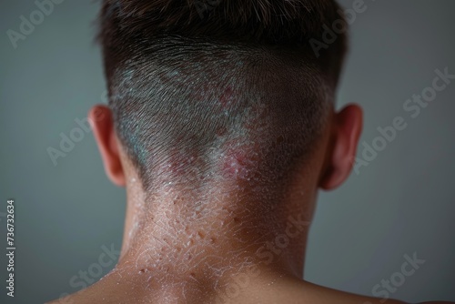 Clear, uncomfortable, detail of a man's neck with red, irritated skin condition shows the human side of dermatological issues photo