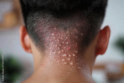 Focus on inflamed hair follicles on the back of head indicating symptoms of folliculitis in an adult male