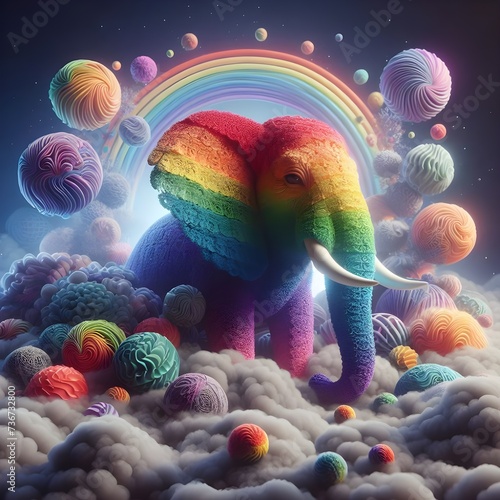 Rainbow elephant surrounded by lacey fog. 