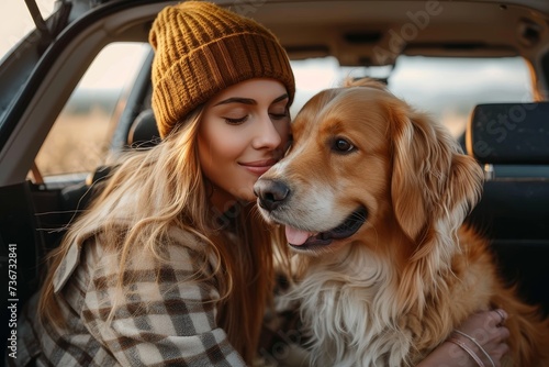 A joyful young woman is cuddled up with her golden retriever dog in a car, enjoying a serene sunset