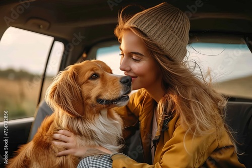A touching scene capturing the bond between a woman and her golden retriever as they embrace in a car, showcasing affection and companionship