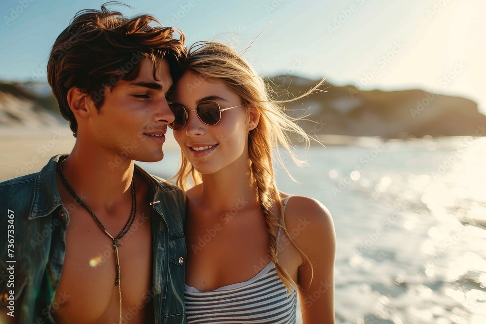 Beautiful couple sharing a tender moment during sunset on the beach Beautiful couple sharing a tender moment during sunset on the beach