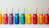 Colorful lineup of fresh smoothies with striped straws, healthy lifestyle concept