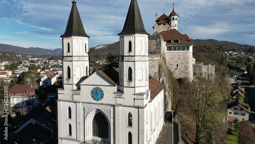 Aarburg Aargau Switzerland closeup view of castle clock towers photo