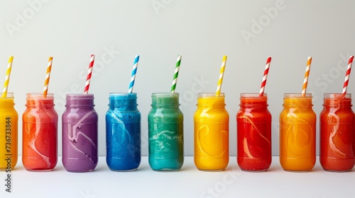 Colorful lineup of fresh smoothies with striped straws, healthy lifestyle concept photo