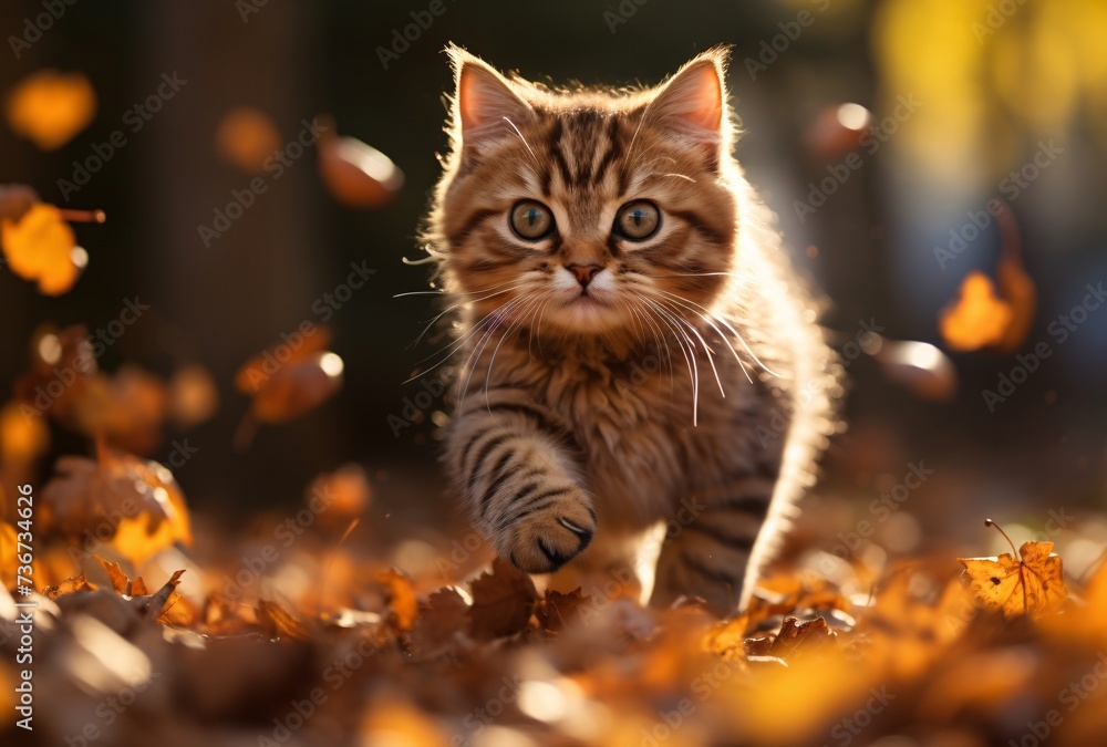 a cat walking on leaves