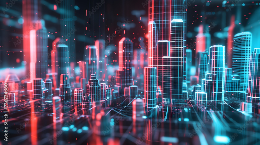 Hologram interface concept with futuristic skyscraper building for technology and business presentation. High-rise buildings in a big city at night with vivid neon blue and red lighting. Hologram interface concept with futuristic skyscraper building for technology and business presentation. High-rise buildings in a big city at night with vivid neon blue and red lighting.