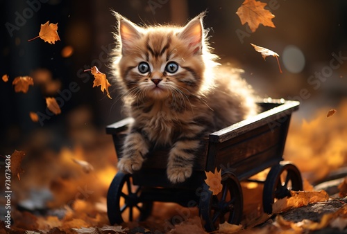 a kitten in a small wooden cart